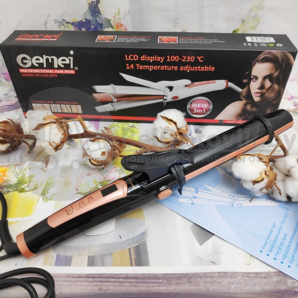 NEW Стайлер для волос 3 в 1 (гофре, плойка, выпрямитель - утюжок) GEMEI GM-2979 с LCD дисплеем Черный корпус - фото 5 - id-p181591330