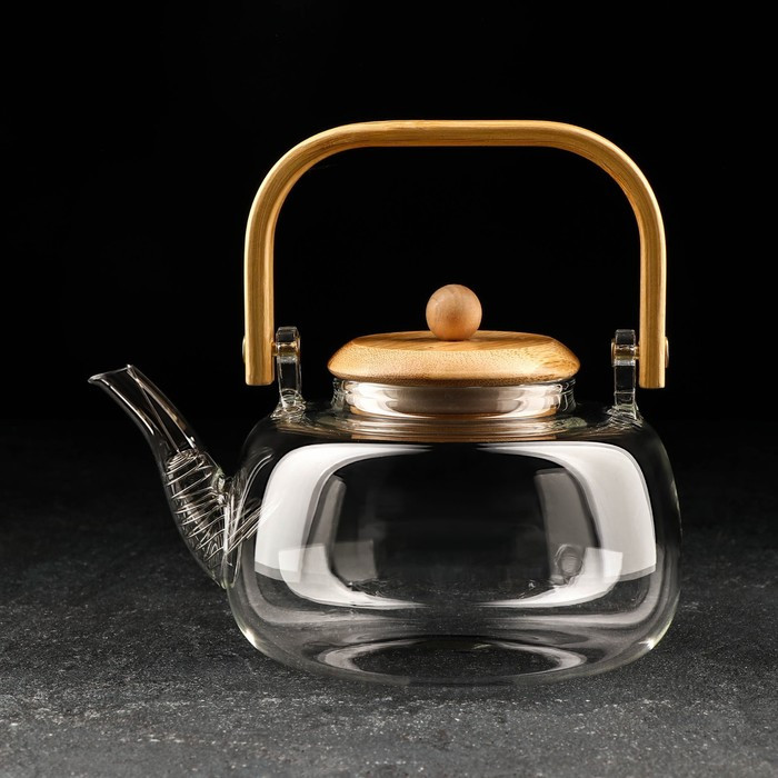 Чайник стеклянный заварочный с бамбуковой крышкой и металлическим фильтром «Эко. Бабл», 800 мл, 18×13,5×12,5 - фото 1 - id-p181643889