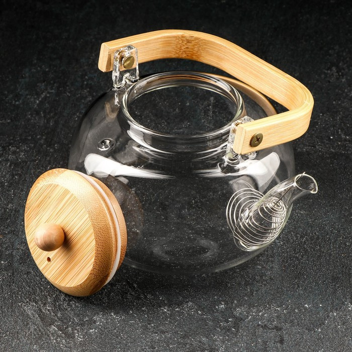 Чайник стеклянный заварочный с бамбуковой крышкой и металлическим фильтром «Эко. Бабл», 800 мл, 18×13,5×12,5 - фото 3 - id-p181643889