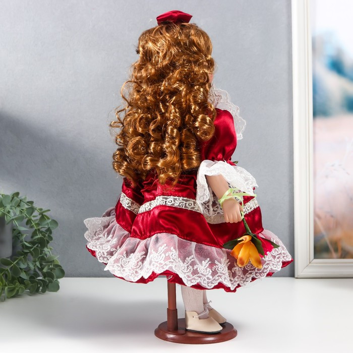 Кукла коллекционная керамика "Наташа в бордовом платье с рюшами, с бантом в волосах" 40 см - фото 4 - id-p181641323