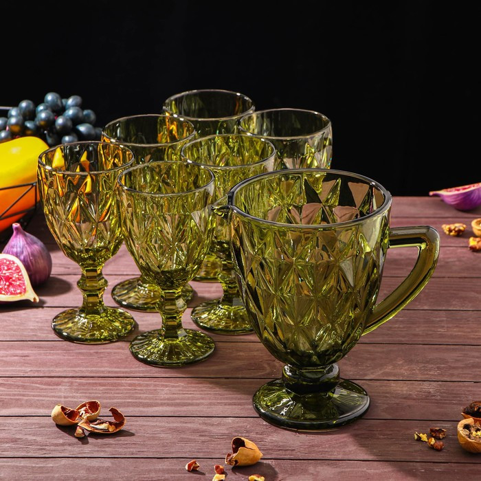 Набор питьевой из стекла «Круиз», 7 предметов: кувшин 1,1 л, бокалы 300 мл, 6 шт, цвет зелёный - фото 1 - id-p181644125