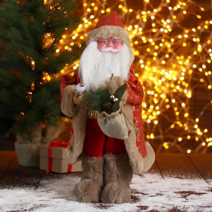 Дед Мороз "В красной шубке в клетку с подарками" двигается, 20х40 см - фото 1 - id-p181641573