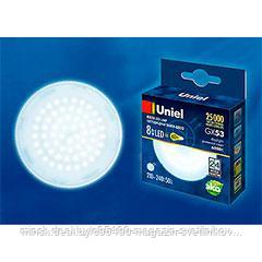 LED-GX53-8W/6500K/GX53/FR PLZ01WH : Лампа светодиодная, матовая. Дневной свет (6500K). Картон. ТМ Uniel.