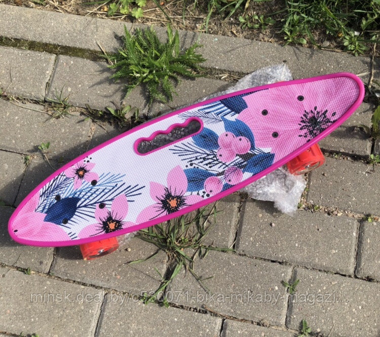 Скейт скейтборд Пенни борд Penny board с принтом, светящимися колёсами и ручкой Фламинго - фото 7 - id-p179449469