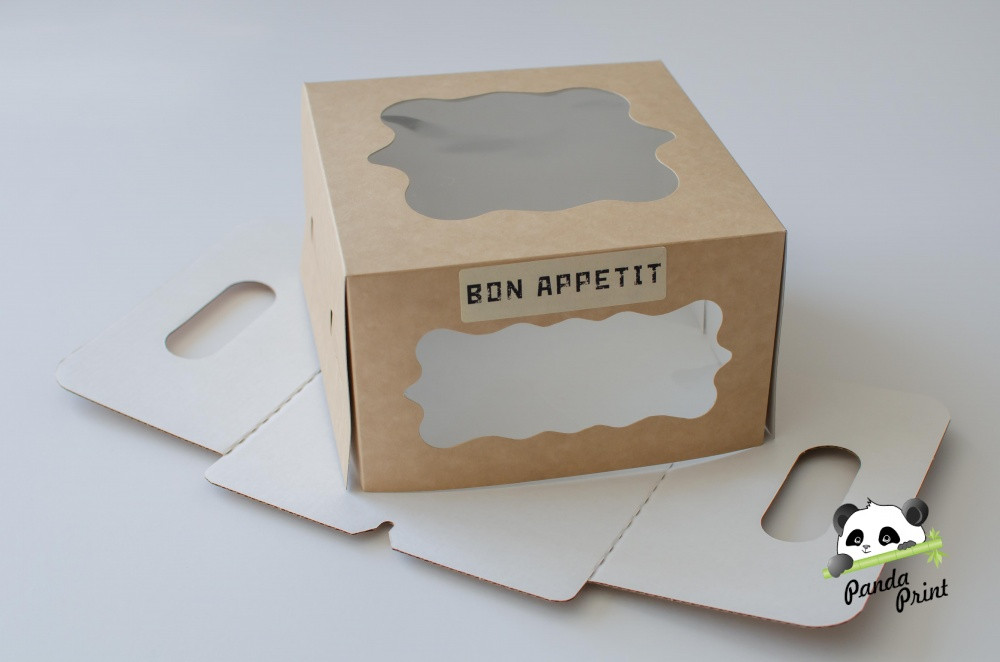 Коробка "Bon appetit" с прозрачным окном с двух сторон 190х190х115 крафт - фото 4 - id-p178144725