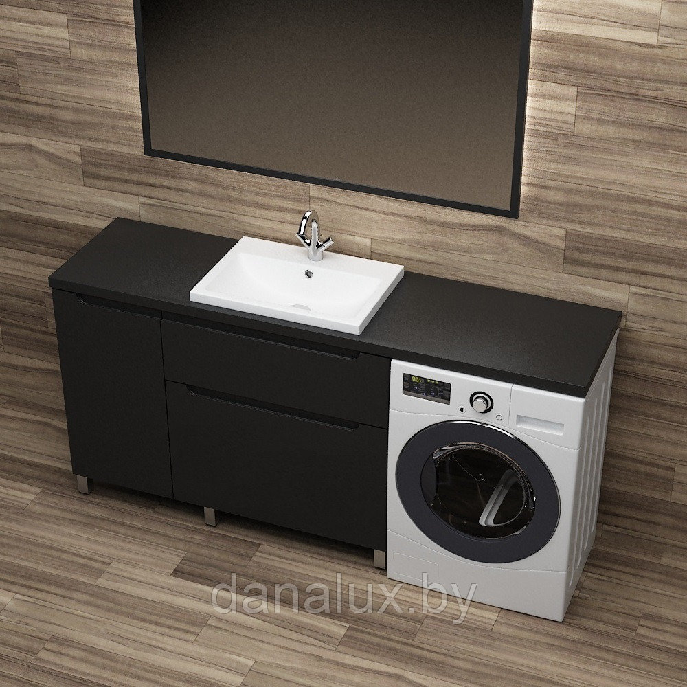 Тумба со столешницей Дана Венеция Топ 180 напольная с корзиной (цвет черный) ящики справа (под стиральную, фото 1