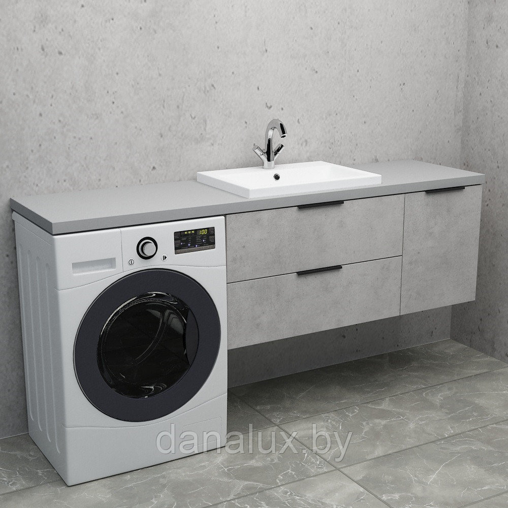 Тумба со столешницей Дана Венеция Топ 200 подвесная на 2 ящика (бетон чикаго) ящики слева (под стиральную