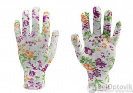 Перчатки нейлоновые тонкие, садовые, с полимерным покрытием ладони и пальцев Белые с лиловым