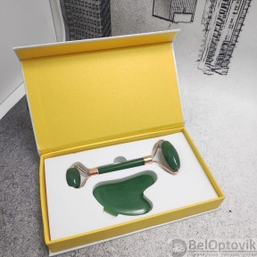 УЦЕНКА Массажный подарочный набор 2 в 1 Jade Roller нефритовый: скребок Гуаша ролик для массажа (камень) - фото 1 - id-p153789617