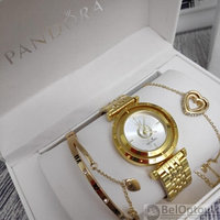 Подарочный набор Pandora (часы, подвеска-Сердце, браслет) Золото с белым циферблатом