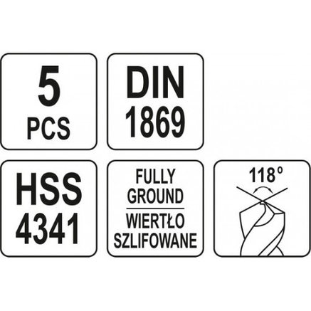 Свёрла по металлу длинные 3, 4, 5, 6, 8мм (набор 5шт) HSS 4341 "Yato" YT-39820, фото 2
