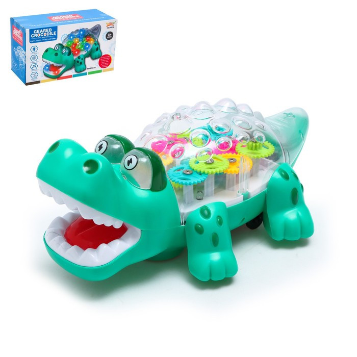 Крокодил «Шестерёнки», свет и звук, работает от батареек, цвет зелёный - фото 1 - id-p182355178