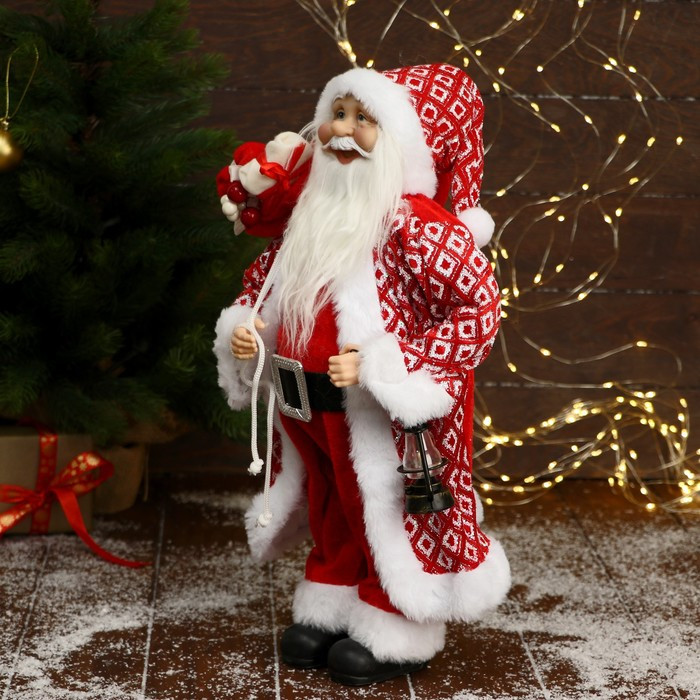 Дед Мороз "В колпачке и шубе ромбик, с фонариком и подарками" 23х45 см - фото 2 - id-p182355622