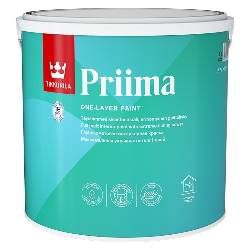Интерьерная глубокоматовая ВД краска Tikkurila Prima AK 2,7л, Финляндия
