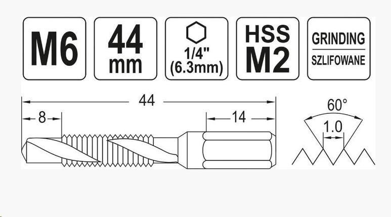YT-44843 Сверло-метчик М6 HEX, YATO, 5906083049491 (CN), фото 2