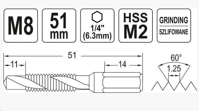 YT-44845 Сверло-метчик М8 HEX, YATO, (CN), фото 2