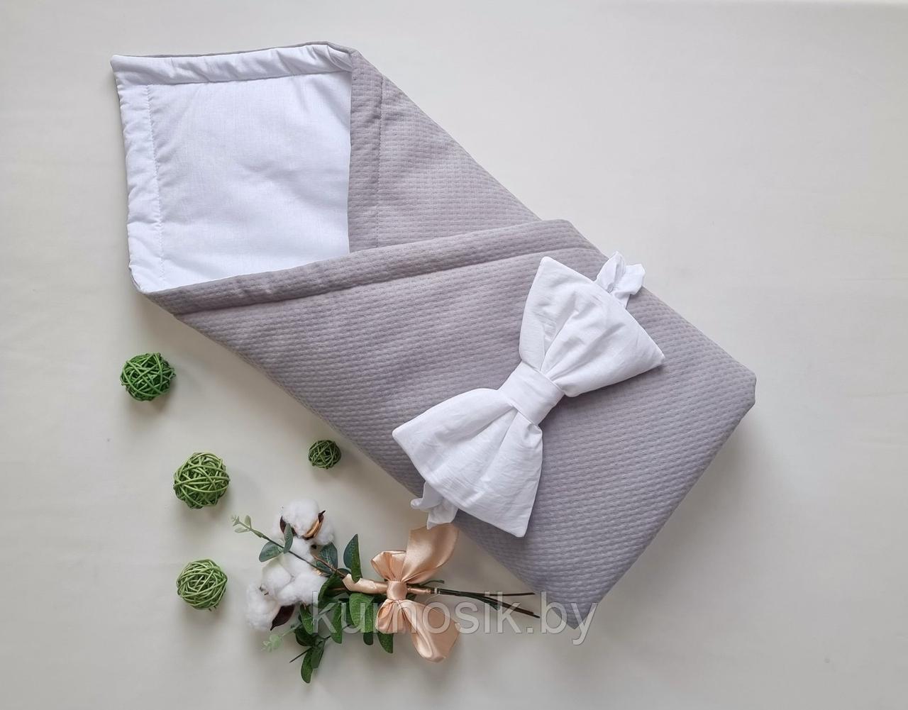 Конверт одеяло детское на выписку с бантом вафельное молочный цвет - фото 3 - id-p182714424