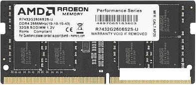 Оперативная память AMD Radeon R7 32GB DDR4 SODIMM PC4-21300 R7432G2606S2S-U - фото 1 - id-p182732617
