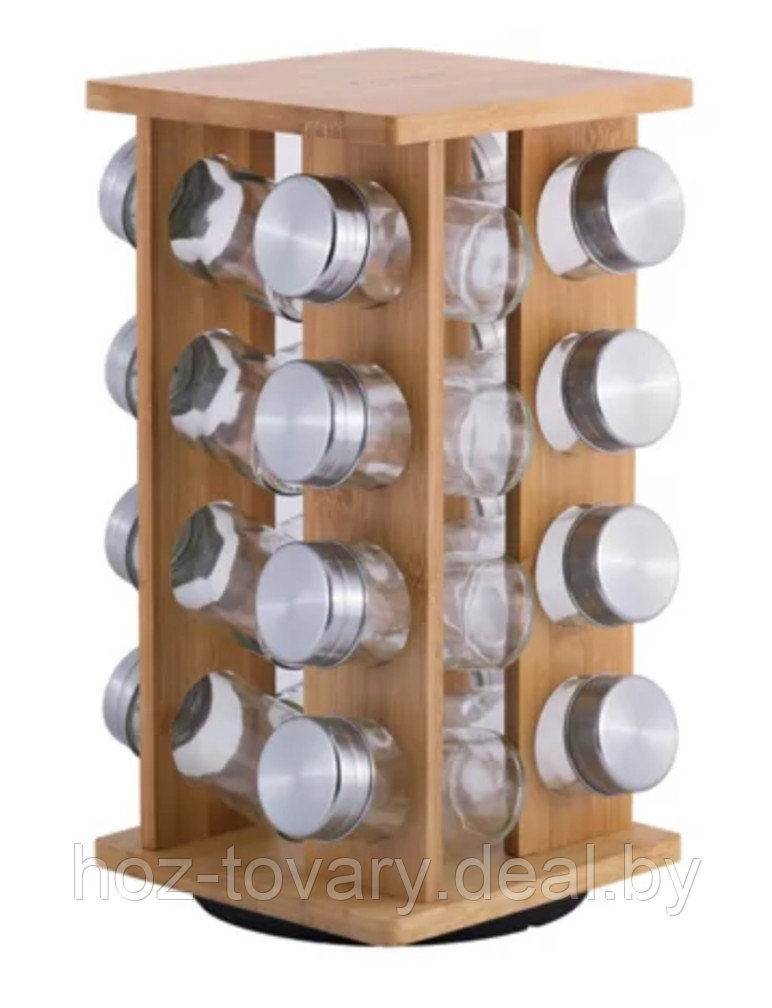 Набор Kamille из 16 стеклянных банок для специй на вращающейся деревянной подставке - фото 1 - id-p182733021