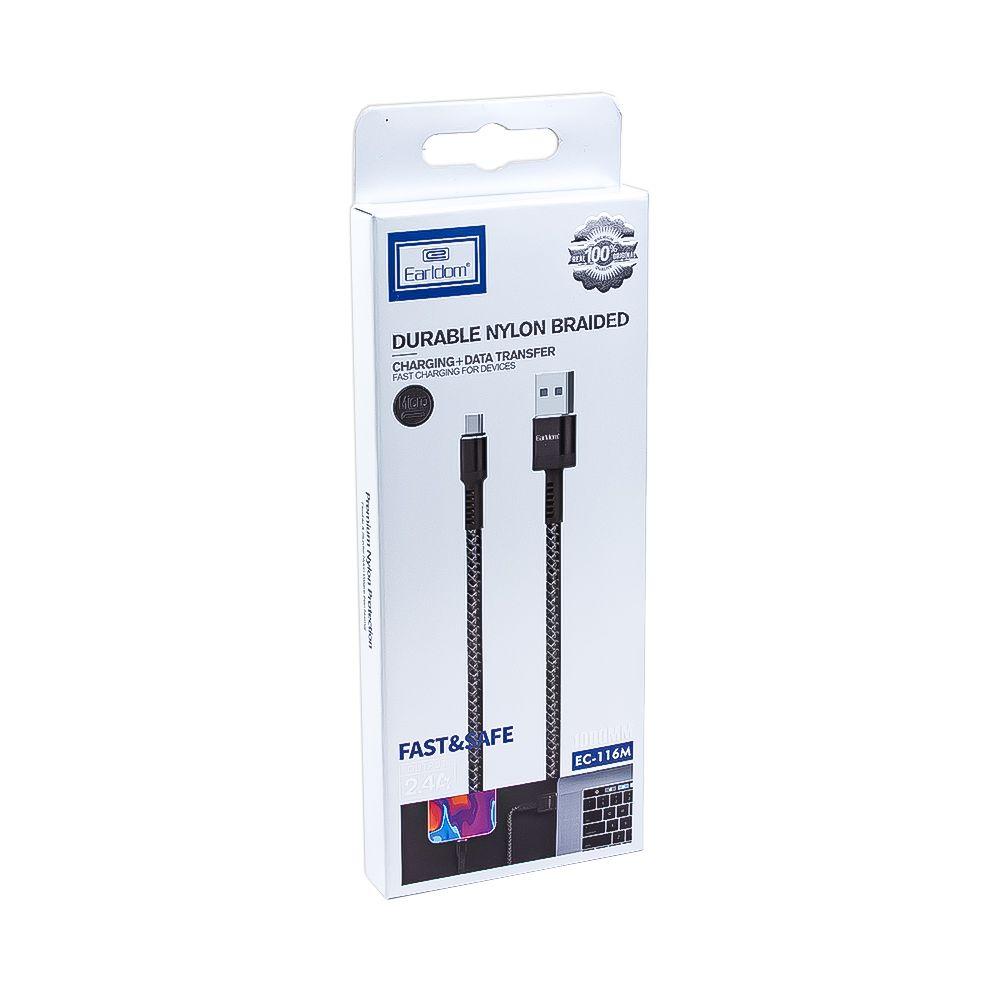 USB кабель Earldom EC-116M MicroUSB Metal + Nylon Braided Cable, 1 метр, черный