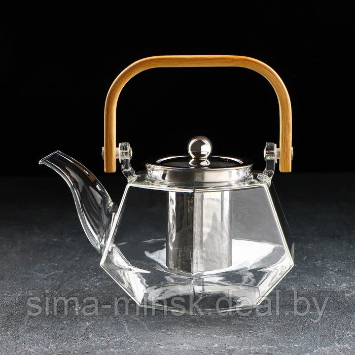 Чайник стеклянный заварочный с бамбуковой крышкой и металлическим ситом «Октогон», 800 мл - фото 1 - id-p182959331