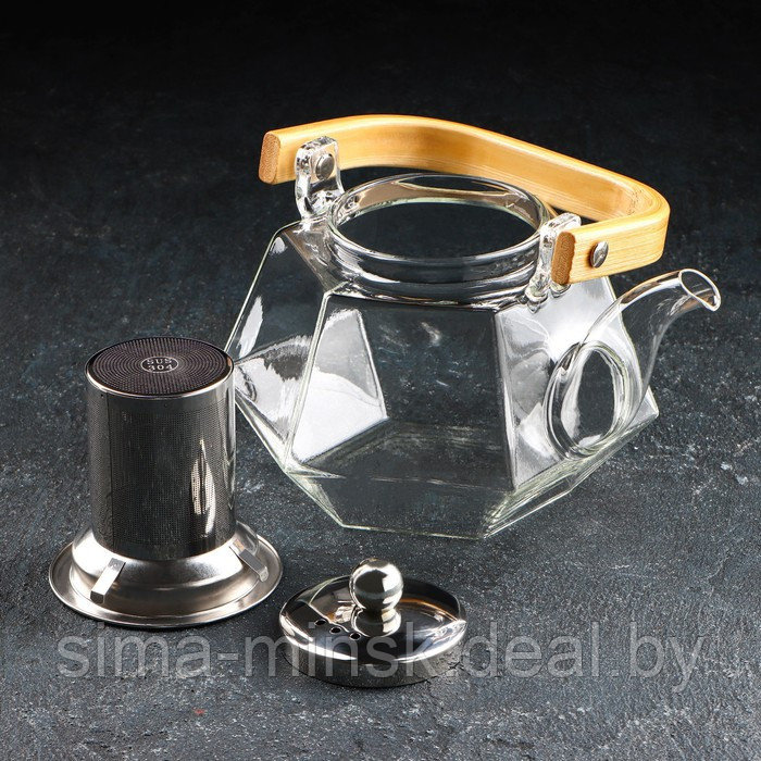 Чайник стеклянный заварочный с бамбуковой крышкой и металлическим ситом «Октогон», 800 мл - фото 2 - id-p182959331