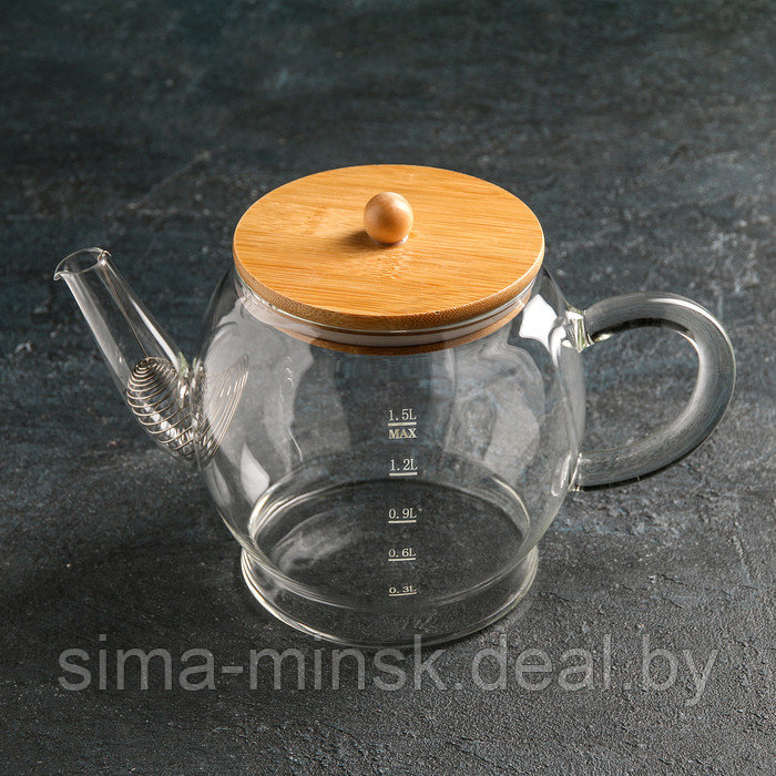 Чайник стеклянный заварочный с бамбуковой крышкой и металлическим фильтром «Эко. Бабл», 1,5 л, 26,5×14×16,5 см - фото 1 - id-p182959333