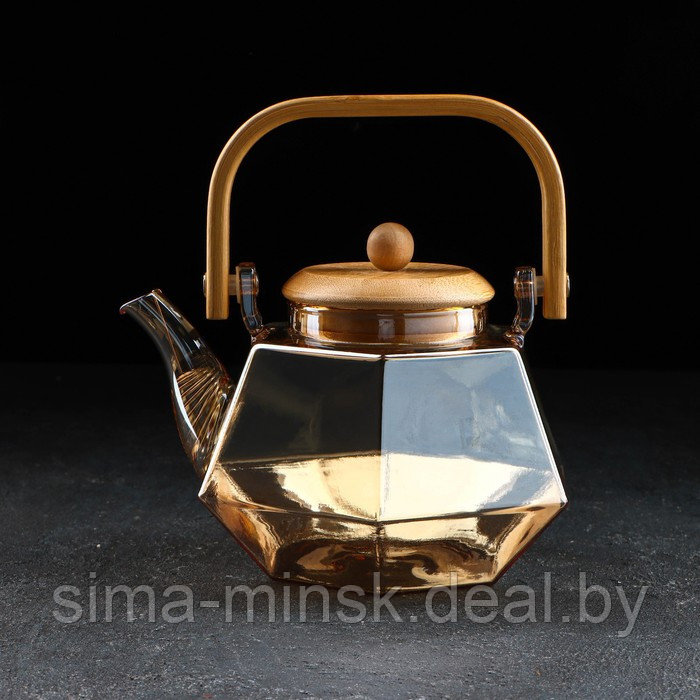 Чайник стеклянный заварочный с бамбуковой крышкой и металлическим фильтром «Октогон», 800 мл, цвет золотой - фото 1 - id-p182959334