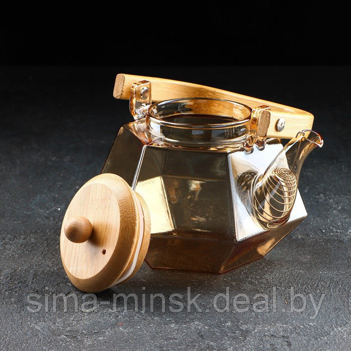 Чайник стеклянный заварочный с бамбуковой крышкой и металлическим фильтром «Октогон», 800 мл, цвет золотой - фото 2 - id-p182959334