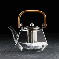 Чайник стеклянный заварочный с бамбуковой крышкой и металлическим ситом «Октогон», 1,2 л
