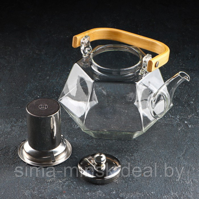Чайник стеклянный заварочный с бамбуковой крышкой и металлическим ситом «Октогон», 1,2 л - фото 2 - id-p182959336