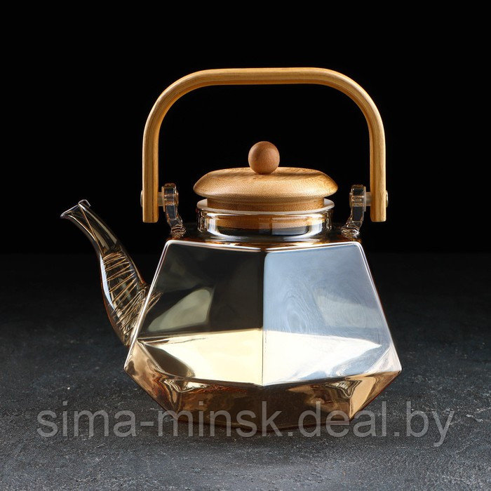 Чайник стеклянный заварочный с бамбуковой крышкой и металлическим фильтром «Октогон», 1,2 л, цвет золотой - фото 1 - id-p182959338