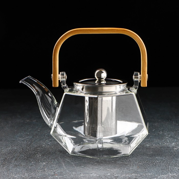 Чайник стеклянный заварочный с бамбуковой крышкой и металлическим ситом «Октогон», 800 мл - фото 1 - id-p182962587
