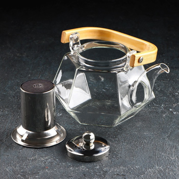 Чайник стеклянный заварочный с бамбуковой крышкой и металлическим ситом «Октогон», 800 мл - фото 2 - id-p182962587