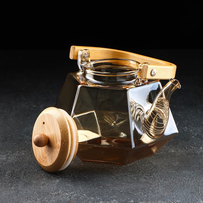 Чайник стеклянный заварочный с бамбуковой крышкой и металлическим фильтром «Октогон», 1,2 л, цвет золотой - фото 2 - id-p182962594
