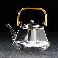 Чайник стеклянный заварочный с бамбуковой крышкой и металлическим ситом «Октогон», 1,5 л
