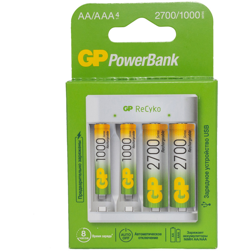 Зарядное устройство GP E411270/100-2CRB4 + 2шт акк. AA (HR06) 2700mAh+ 2шт акк. AAA (HR03) 1000mAh (USB) GP