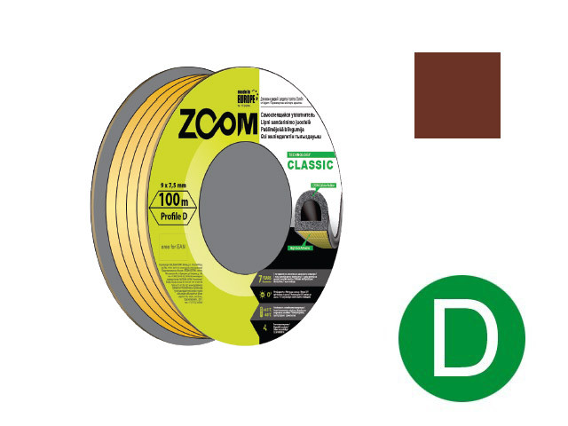 Уплотнитель "D" коричневый 9x7,5мм сдвоенный профиль (2х50м) ZOOM CLASSIC