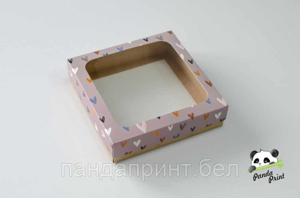Коробка с прозрачным окном 200х200х50 Цветные сердечки (крафт дно)