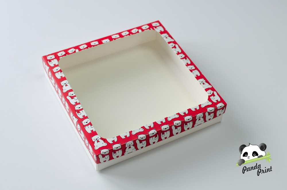 Коробка с прозрачным окном 260х255х50 Мишки на красном фоне (белое дно)