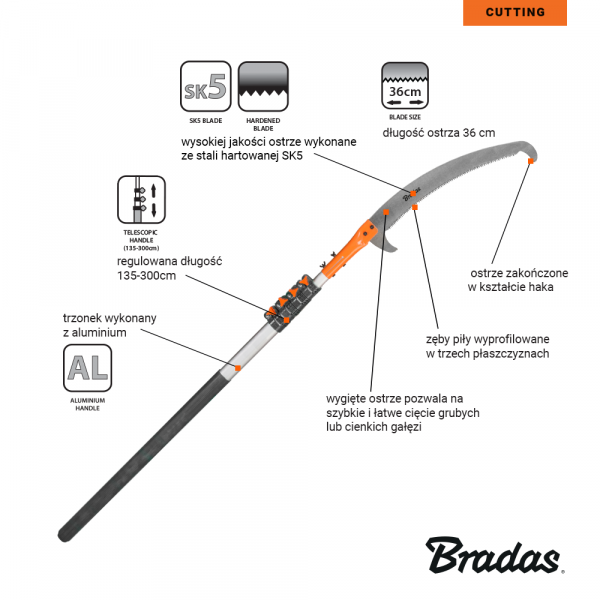 Ножовка с крюком Bradas V-Series полотно 36см, телескопический черенок 3м - фото 3 - id-p183129114
