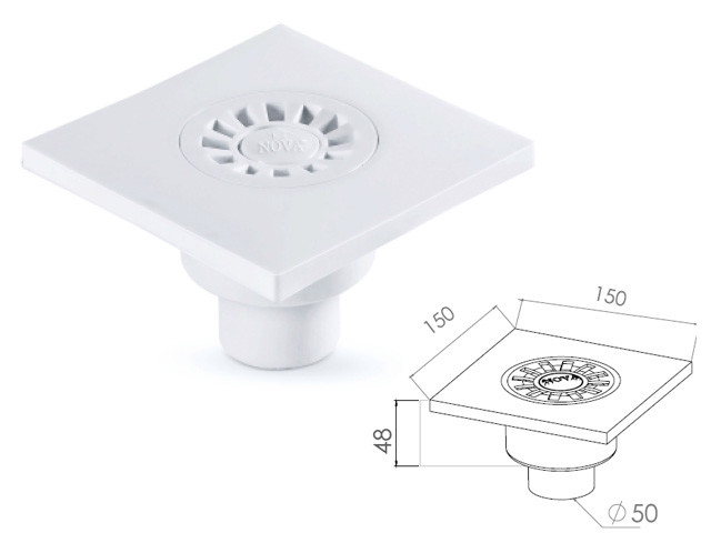 Сливной трап вертикальный D 50 решетка пласт. 150х150 мм, NOVA