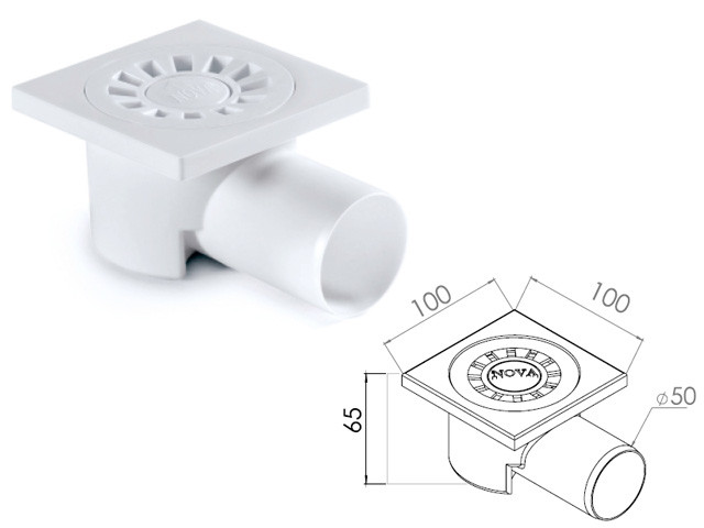Сливной трап горизонтальный D 50 решетка пласт. 100х100 мм, NOVA