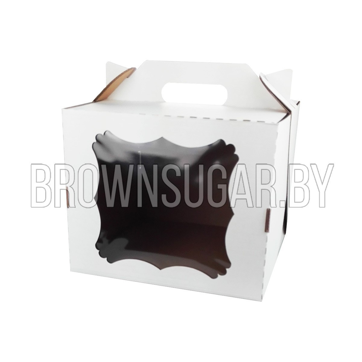 Коробка - чемодан для торта с фигурным окном Белая (Беларусь, 260х260х300 мм) - фото 1 - id-p183156693