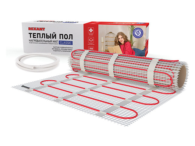 Теплый пол (нагревательный мат) REXANT Classic RNX-10,0-1500 (площадь 10,0 м2 (0,5 х 20,0 м)), 1500 - фото 1 - id-p183246547