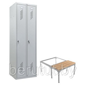 Шкаф для раздевалок / Шкаф металлический для раздевалок ПРАКТИК LS-22 с выдвижной скамейкой Сосна