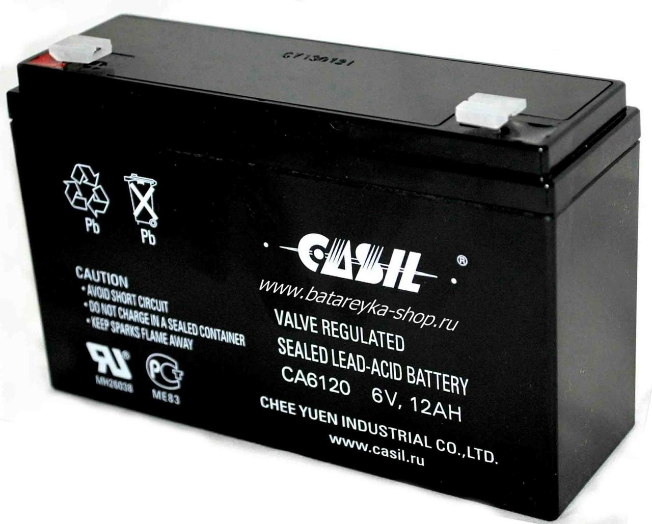 Аккумулятор CASIL CA6120 6В 12Ач (герметизированная свинцово-кислотная аккумуляторная батарея 6V, 12A) - фото 1 - id-p183447491