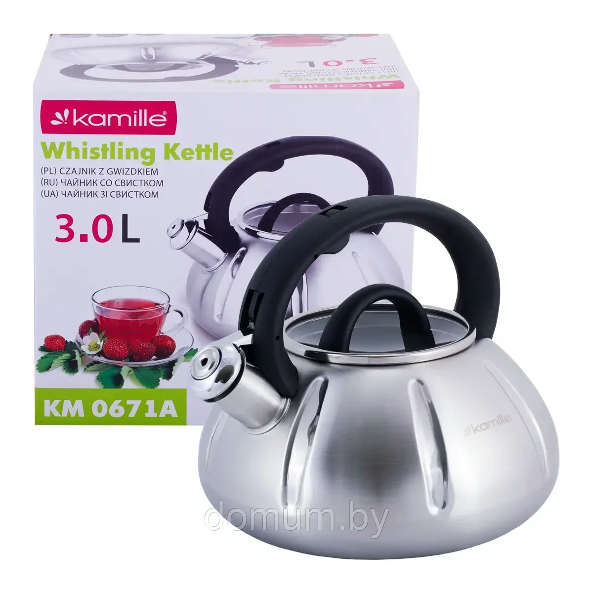 Чайник со свистком Kamille 3л нержавеющая сталь для индукции KM-0671A - фото 1 - id-p183502800