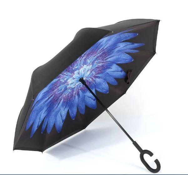 Умный двухсторонний зонт с обратным открыванием / с синим цветком - фото 1 - id-p183570659