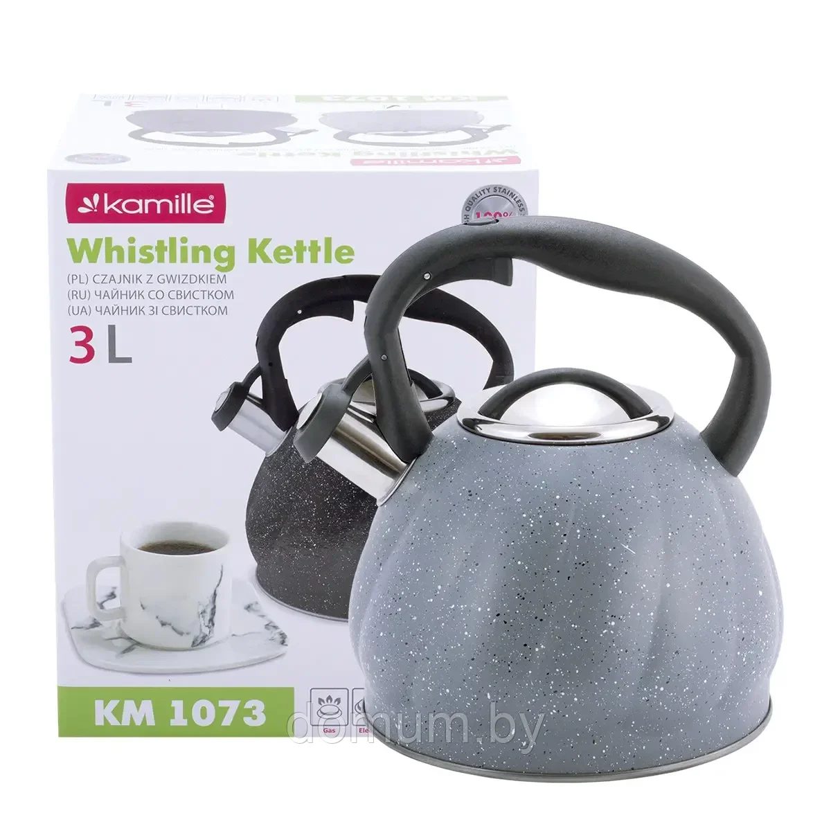 Чайник Kamille 3л нержавеющая сталь со свистком (серый) KM-1073 - фото 1 - id-p183729075